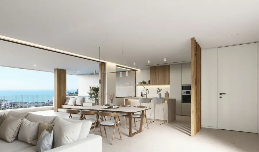 Rendering af stue og spisestue i en bolig i Andryala, åben mod køkkenet og havet