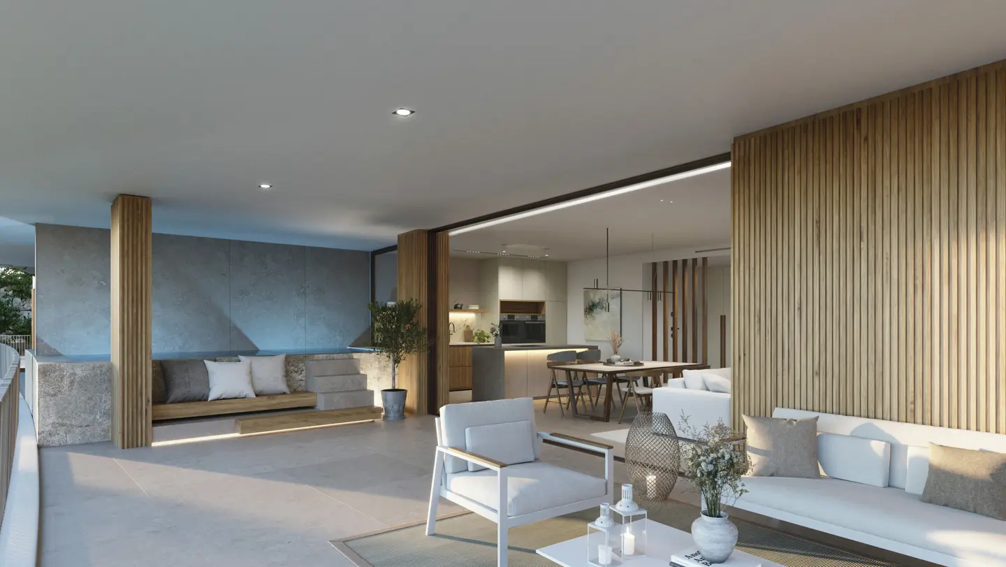 Render del estar de una vivienda de Andryala, con paramento de piedra y celosía de madera