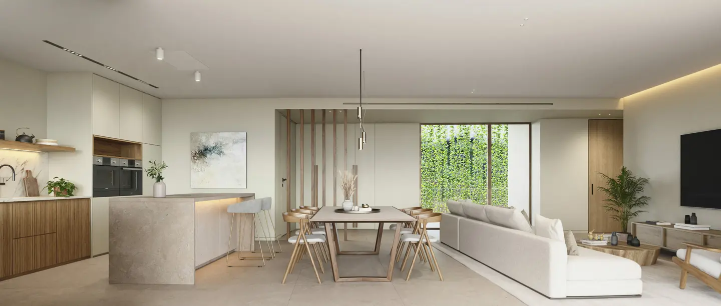 Render del salón de una vivienda de Andryala con la cocina de isla al fondo
