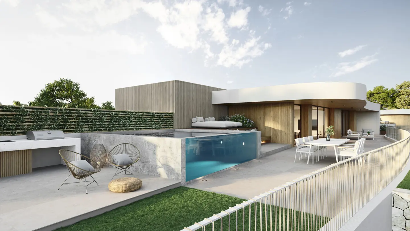 Render de la terraza de una vivienda de Andryala, con césped, barbacoa cubierta y piscina privada