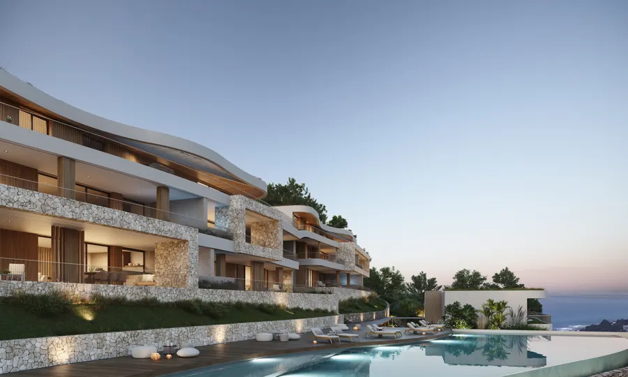 Rendering af Barloventos stenfacade over poolen i solnedgangen