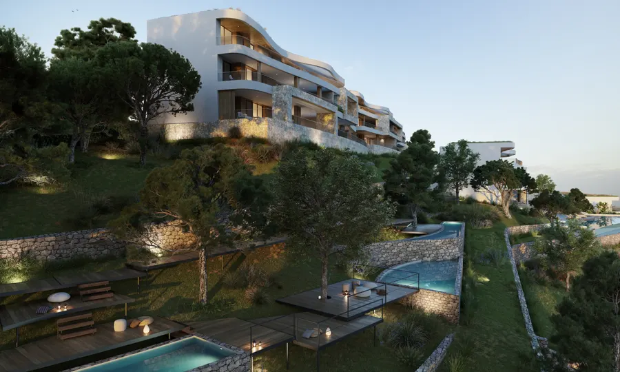 Rendering af gangbroerne i Barlovento mellem fyrretræer, med boligerne trappet ned ad skråningen