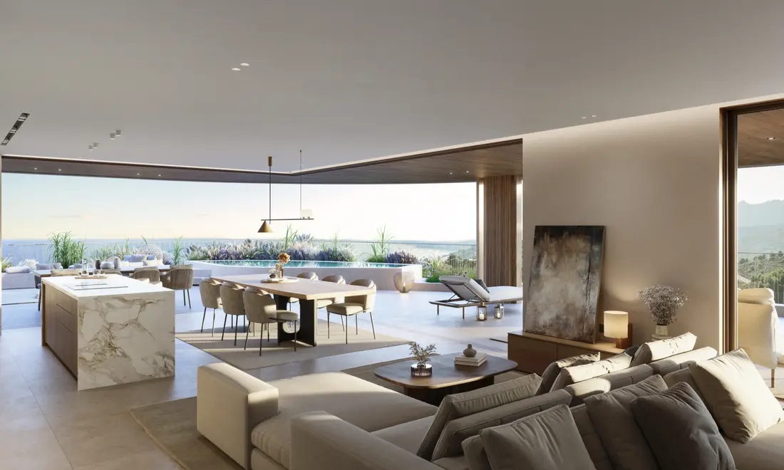 Salón de un ático con la terraza y la piscina privada al fondo