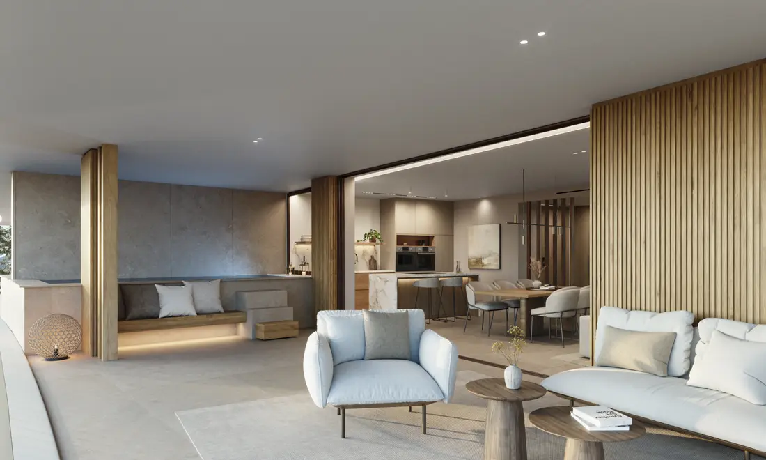 Salón de una vivienda tipo, con la cocina y el comedor al fondo