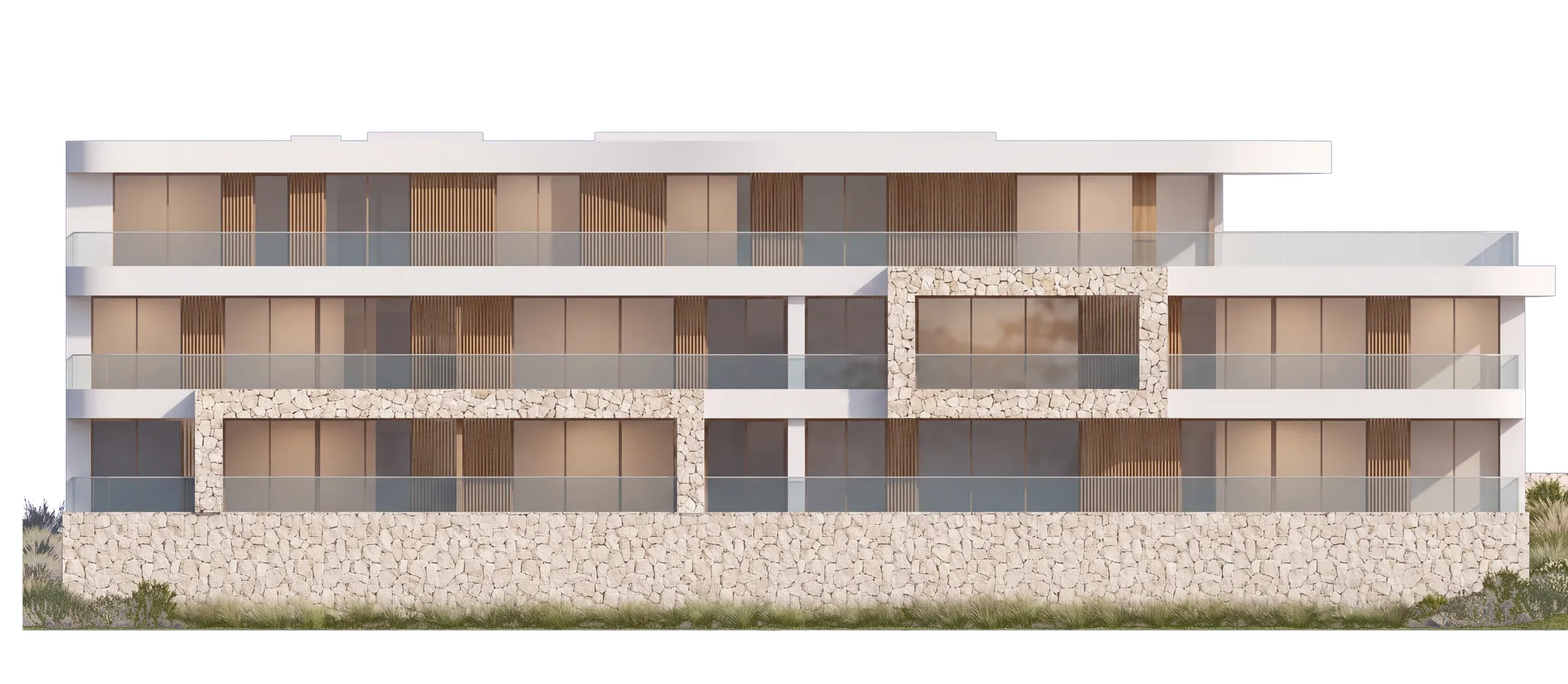 Alzado de un bloque de Barlovento con sus tres alturas: planta baja, planta primera y ático
