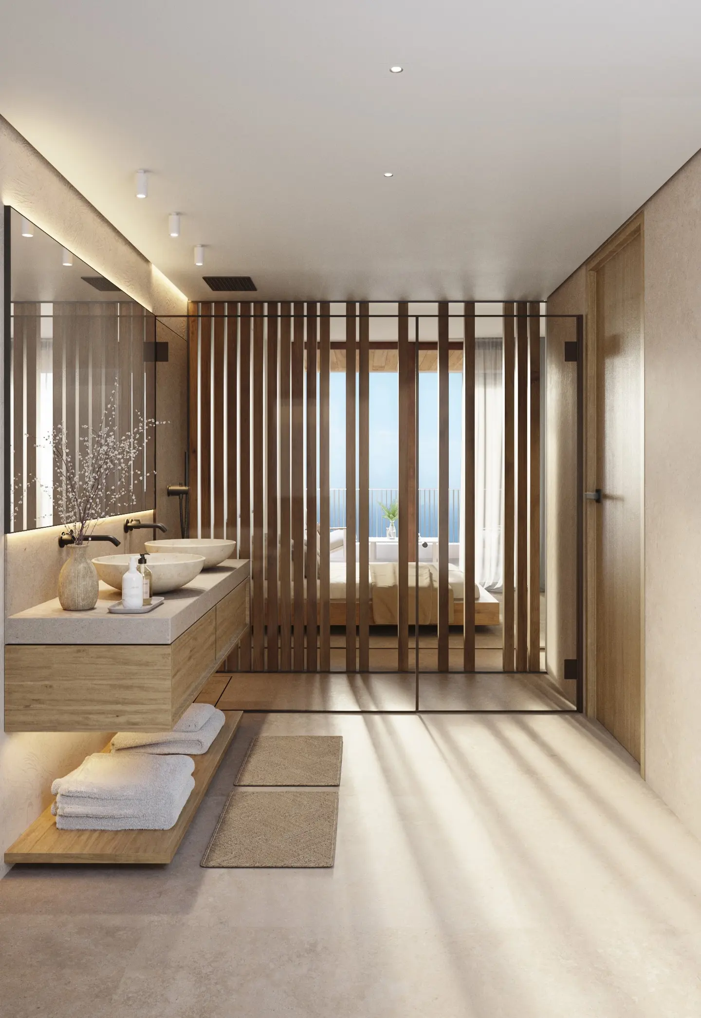 Render del baño de la máster suite de una vivienda de Andryala