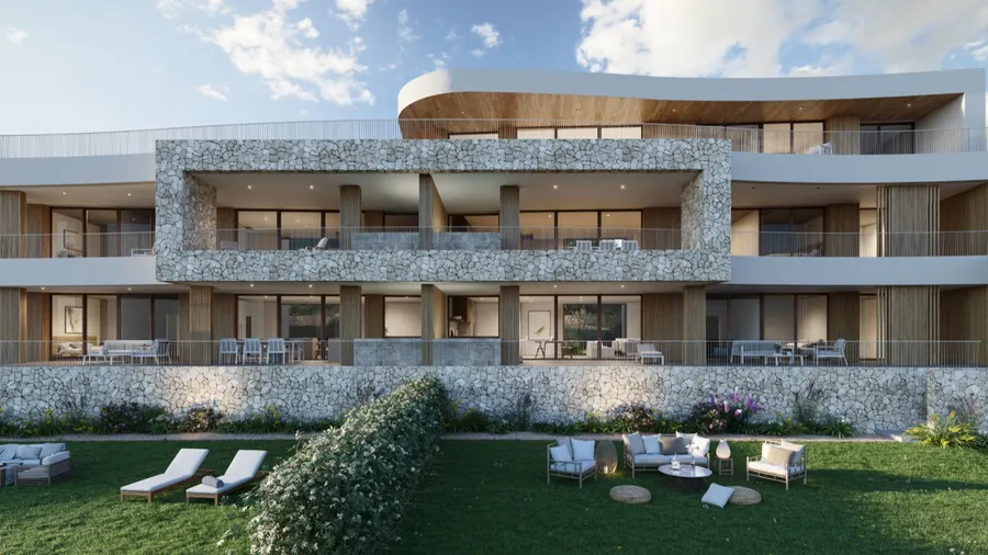Rendering af stenfacaden på en af Andryalas bygninger, med buede terrasser over haven