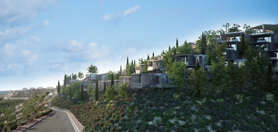 Rendering af hotellet trappet ned mellem fyrretræerne på skråningen, med front mod havet