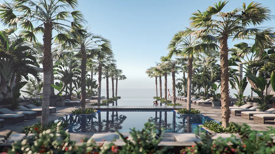 Rendering af hotellets infinitypool mellem palmerne, ud mod havet