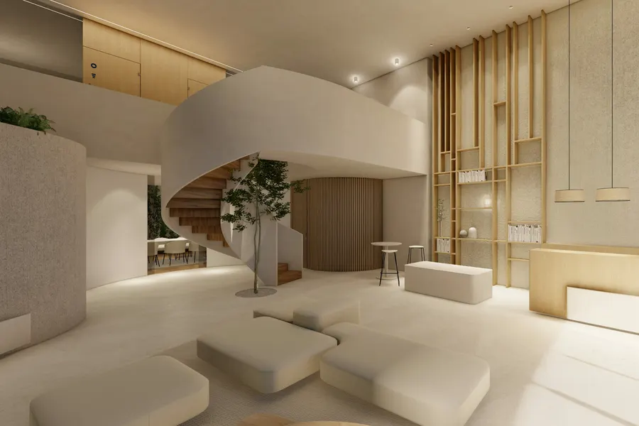 Rendering af receptionen, med vindeltrappe og skranke i lys sten