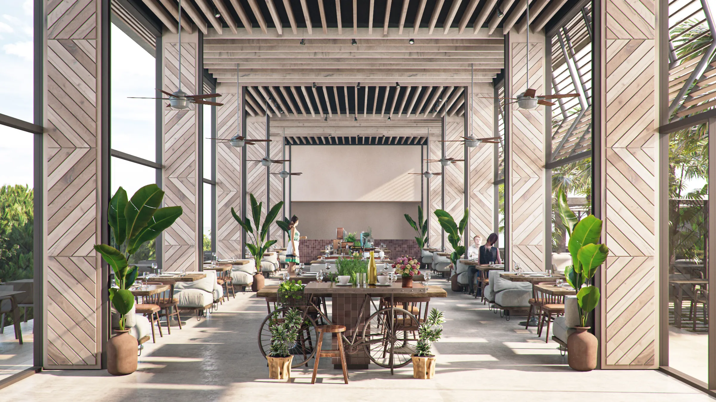 Restaurant im Dorf, mit den Tischen zwischen Holzlamellen und Pflanzen