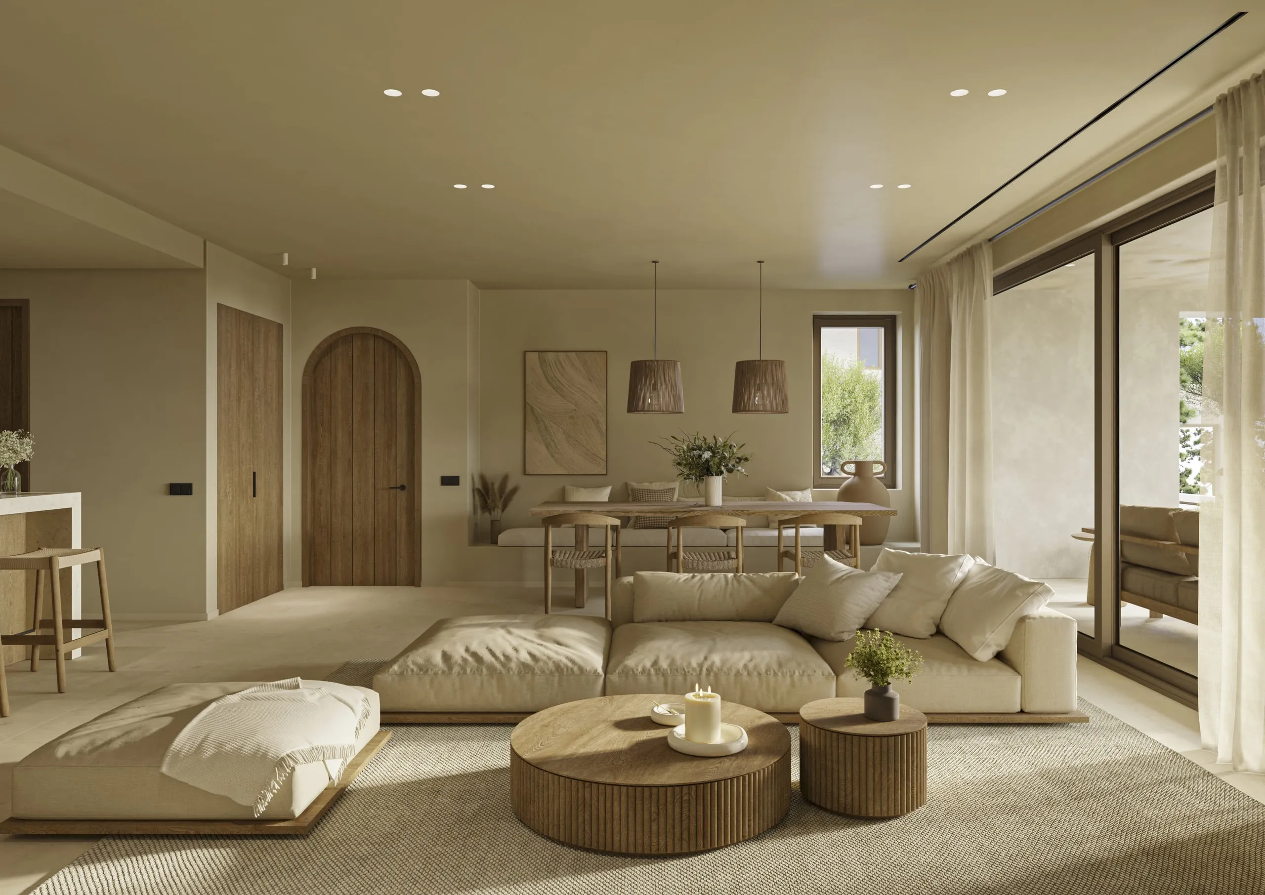 Vardagsrum med matplats, öppet mot terrassen