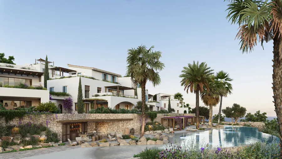 Rendering af landsbyens fællespool mellem palmer og stenmure