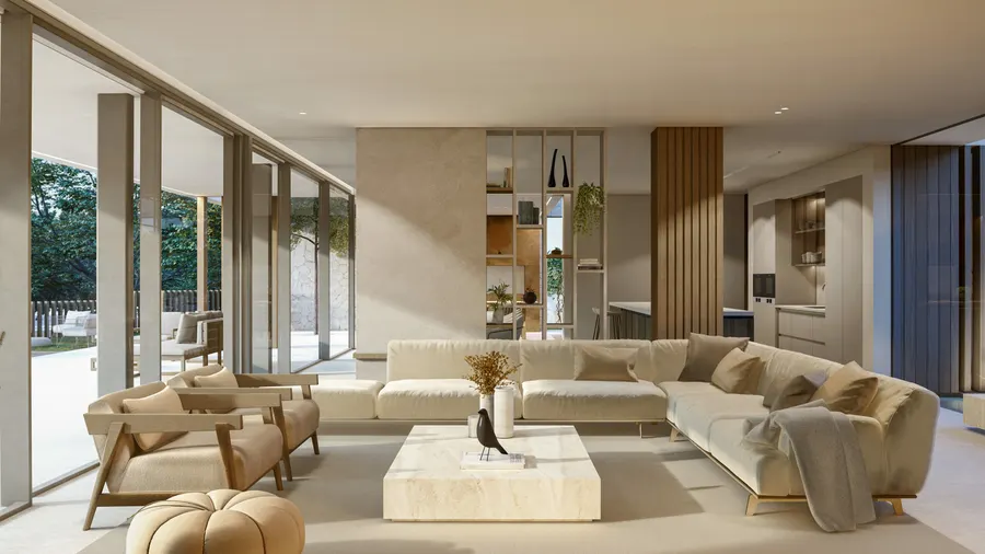 Rendering af stuen i en villa, med lyse sofaer og gennemgående vinduesparti ud mod haven