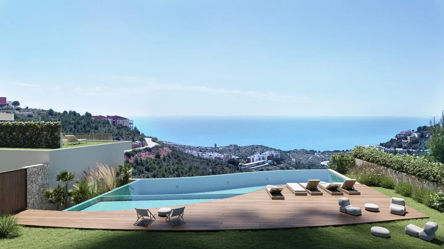 Render de la piscina comunitaria de Andryala con la bahía de Benicàssim al fondo
