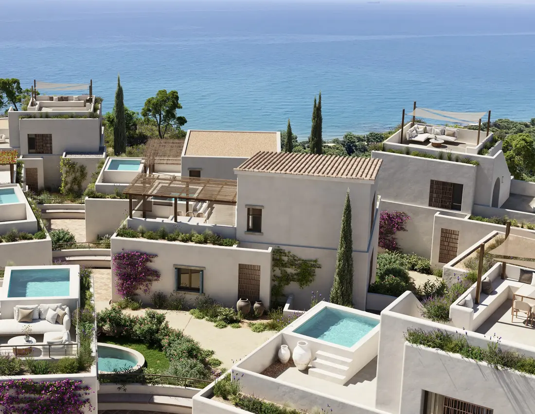 Render del poblado de Azure, con sus villas blancas y las piscinas privadas sobre el mar