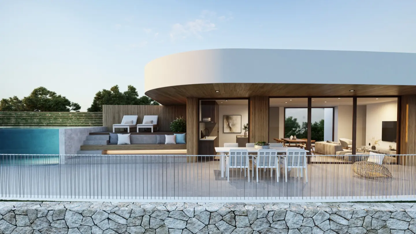 Render del porche y la piscina privada de una vivienda de Andryala